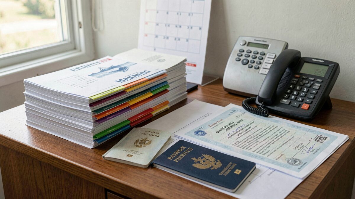 A manning office desk in daylight: a stack of seafarer files with coloured tabs, a passport and a certificate of competency laid open beside a telephone, a wall calendar behind, shot from slightly above at arm's length.