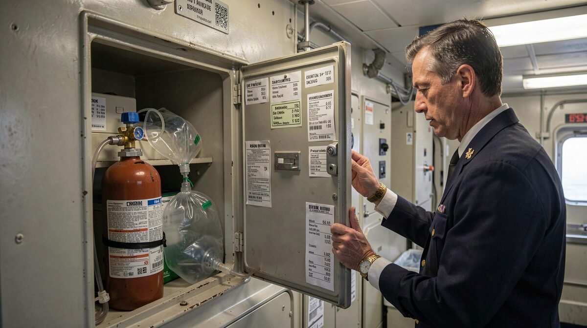 A ship's medical locker open on a bulkhead, oxygen cylinder with regulator, self-inflating bag and masks on a shelf, checked by a chief officer under cabin lighting.
