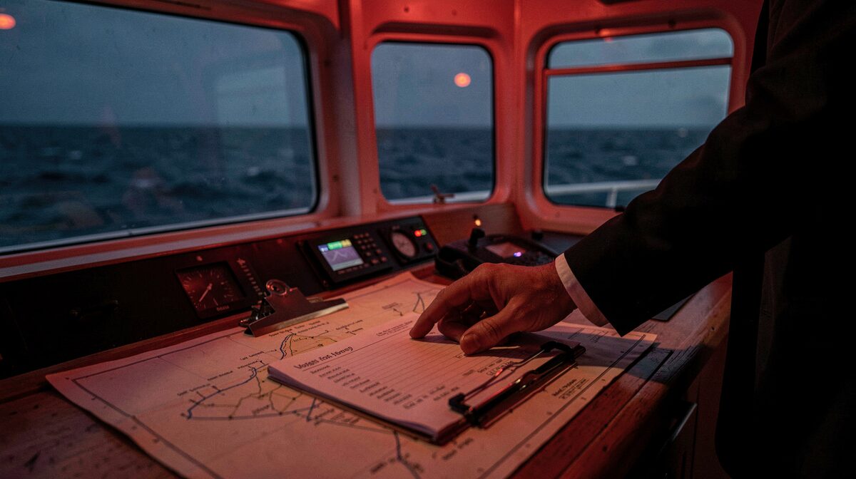 A ship's bridge at 0400, dim red night lighting, a watchkeeper's hand resting on a paper rest-hour record clipped to a chart table, the dark sea visible through the wheelhouse windows.