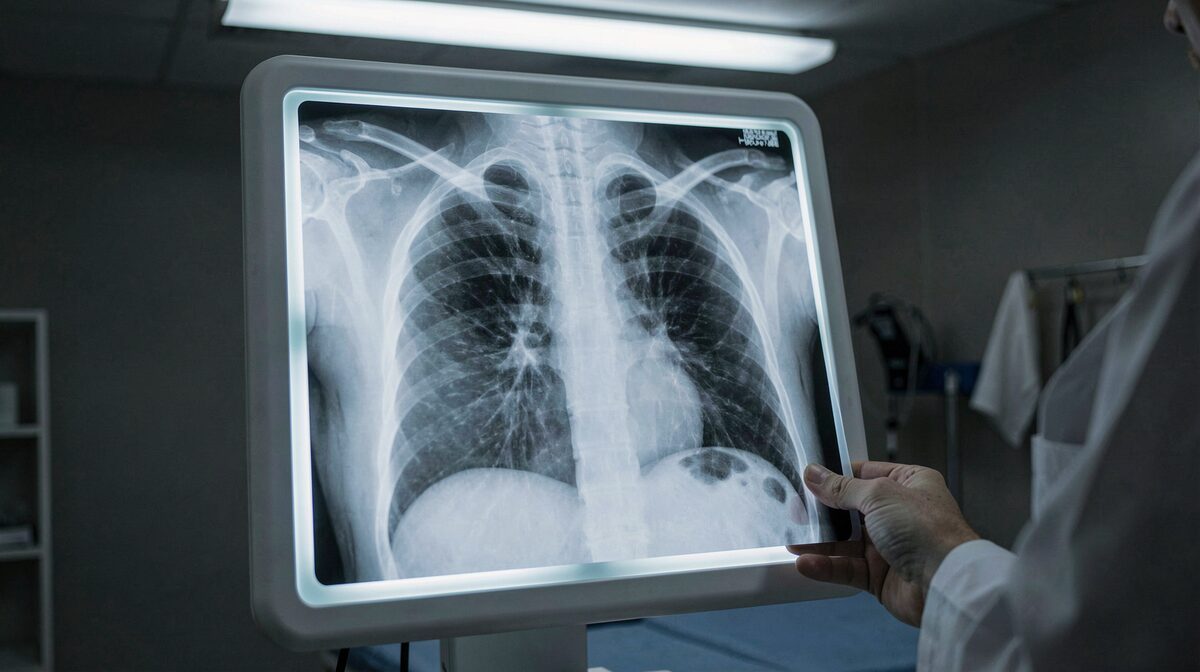 A chest X-ray film on a light box in a clinic room, the ribs and lung fields visible in grey, a doctor's hand holding the corner of the film, cool overhead light and a dark background.