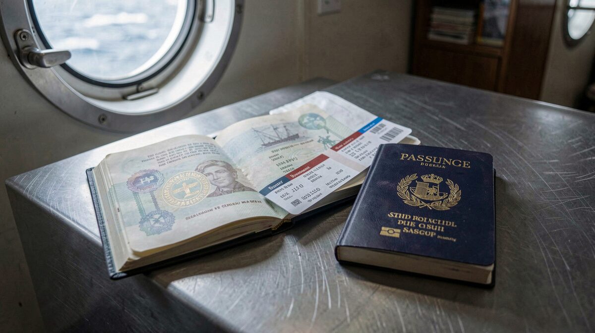 A seafarer's open passport and seaman's book on a stainless steel table in a ship's mess room, a boarding pass tucked between the pages, cold morning light through a porthole, close framing from above.